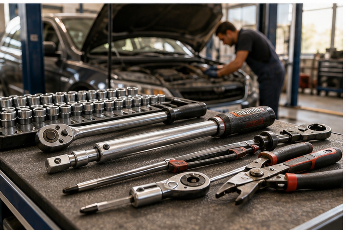 Oto servis ortamında profesyonel lokma, tork anahtarı ve pense takımı